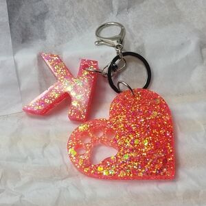 Glittery Pink Heart with DOG PAW and Letter K  Keychain